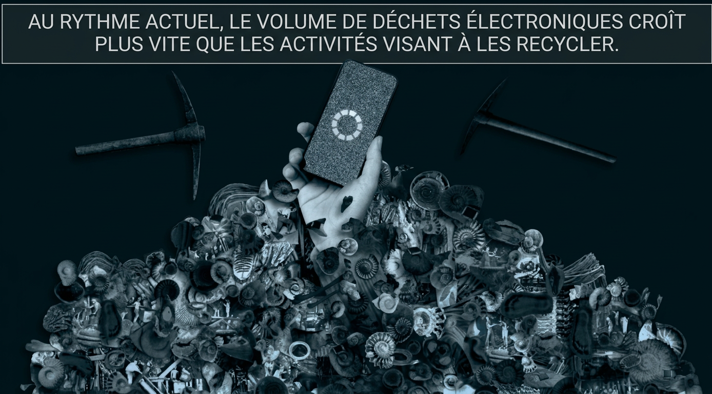 Hand hält ein Smartphone über einem Haufen Elektroschrott.